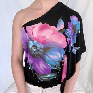 Bebe black asymmetrical one shoulder blue purple pink floral fairy Y2K romantic
